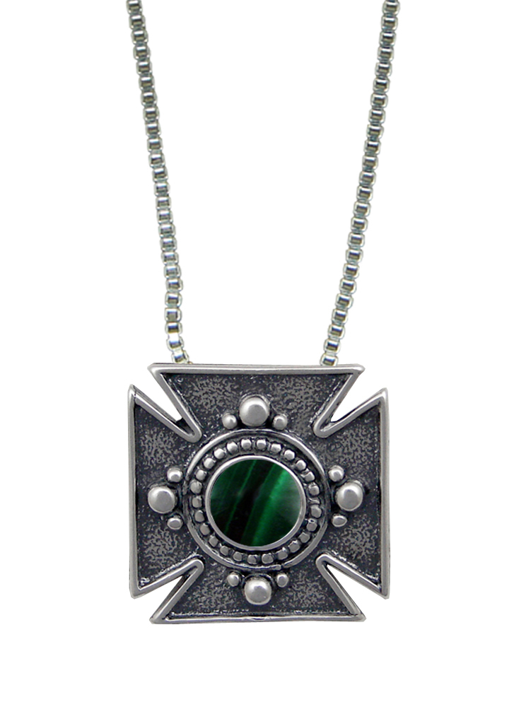 Sterling Silver Iron Cross Pendant Necklace With Malachite